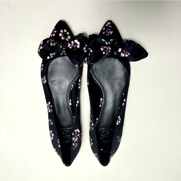 Tory Burch‎ Rosalind Black Floral Print Satin Ballet Flats size 5 slip on work - Picture 1 of 8